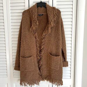 Charlie B Boucle Cardigan w/ Fringed Shawl Neck (Truffle/ Light Brown) Medium